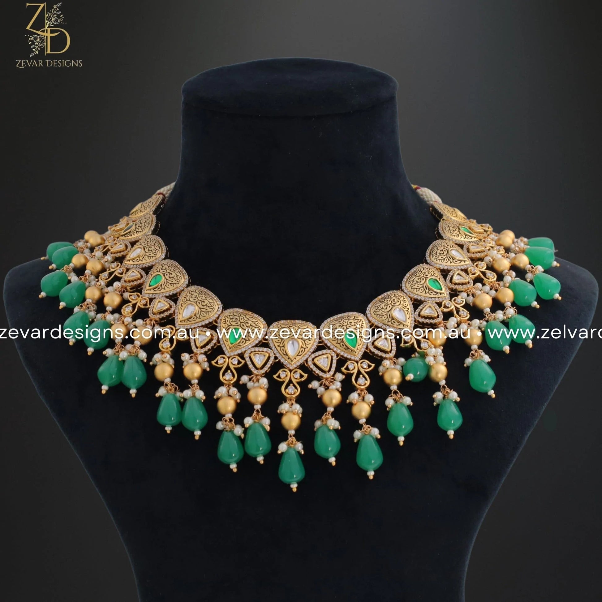Kundan Polki Necklace Set with Meena Green