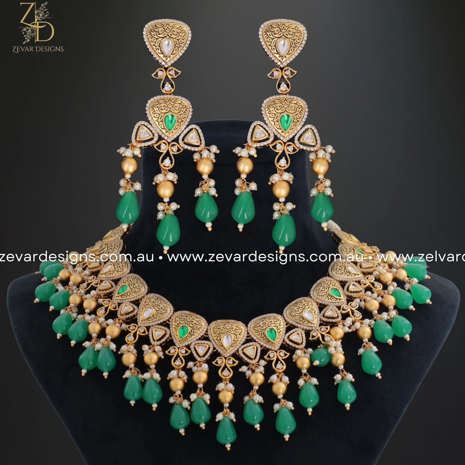 Zevar Designs Necklace Sets Kundan Polki Necklace Set with Meena - Green