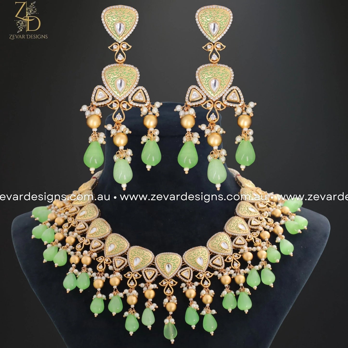 Zevar Designs Necklace Sets Kundan Polki Necklace Set with Meena - Mint