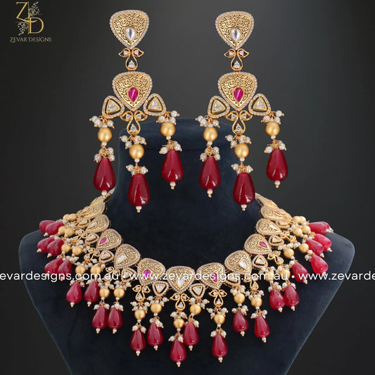 Zevar Designs Necklace Sets Kundan Polki Necklace Set with Meena - Red