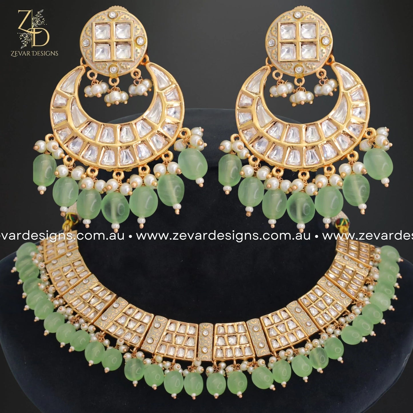 Zevar Designs Designer Necklace Sets Kundan Polki Necklace Set with Mint Drops