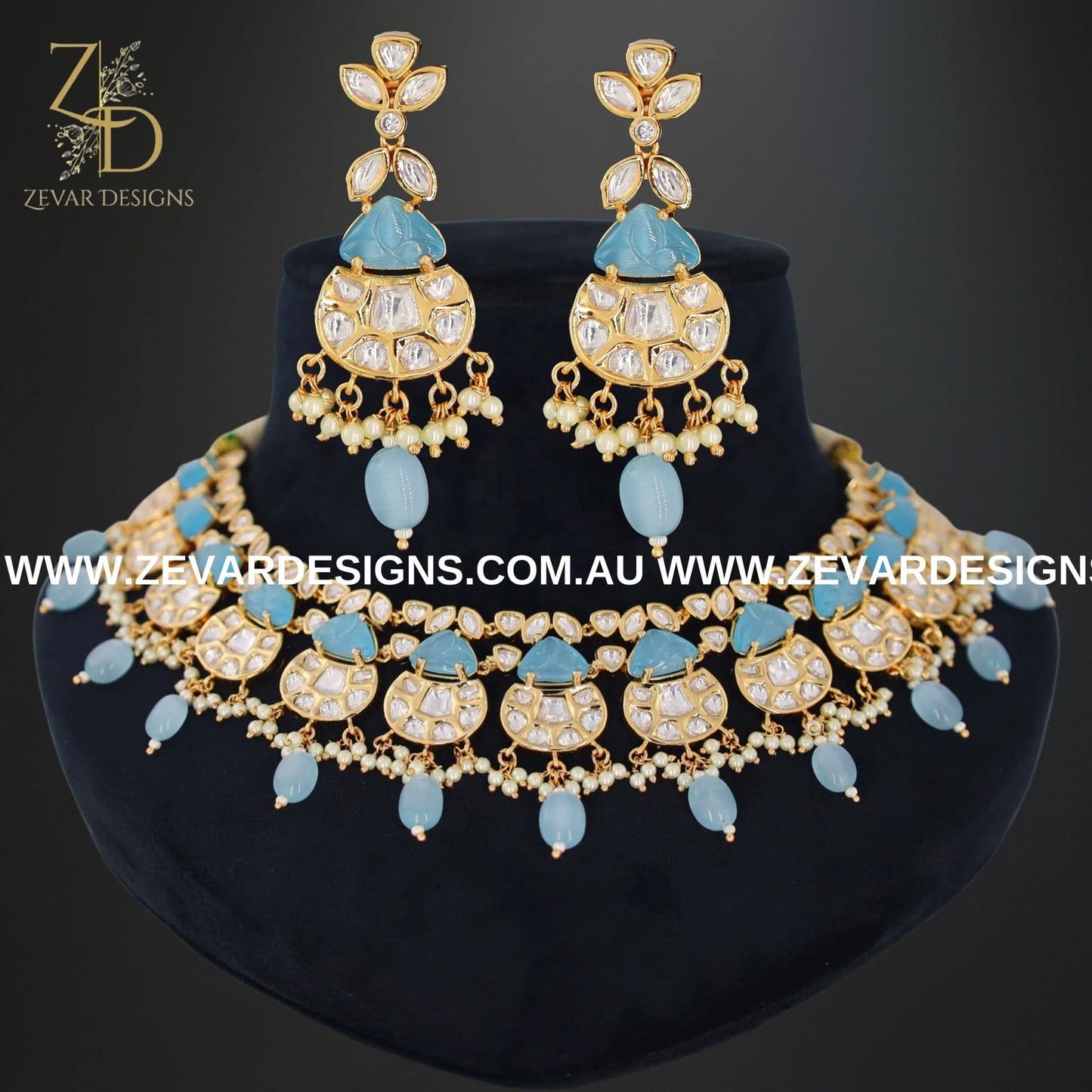 Zevar Designs Necklace Sets Kundan Polki Necklace Set with Powder Blue Carved Stones