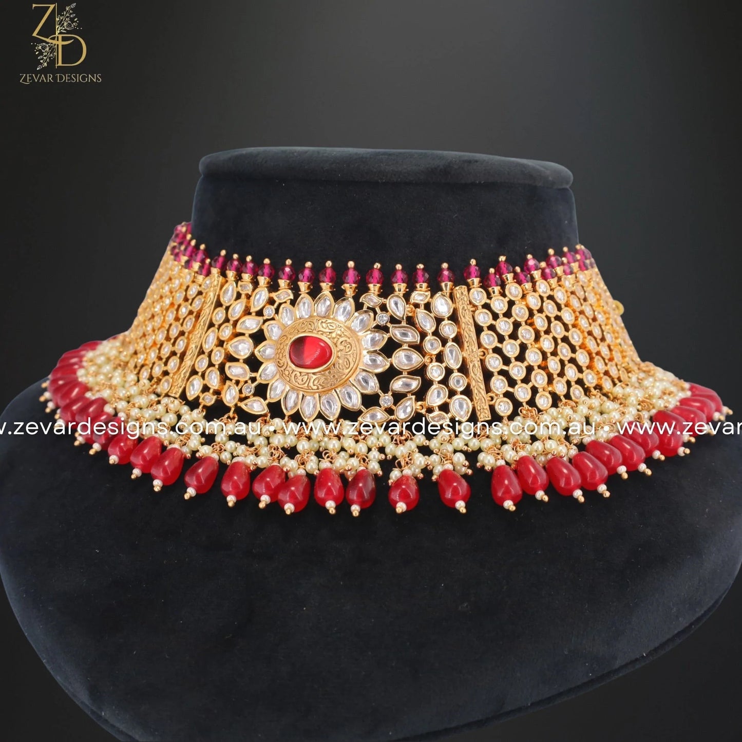 Zevar Designs Designer Necklace Sets Kundan Polki Necklace Set with Tikka - Red
