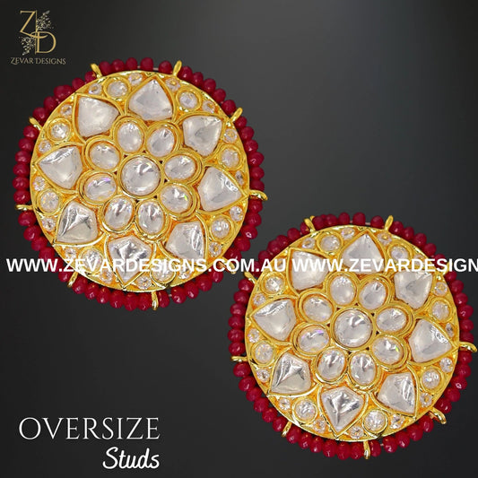 Zevar Designs Kundan Studs Kundan Polki Oversize Studs - Red