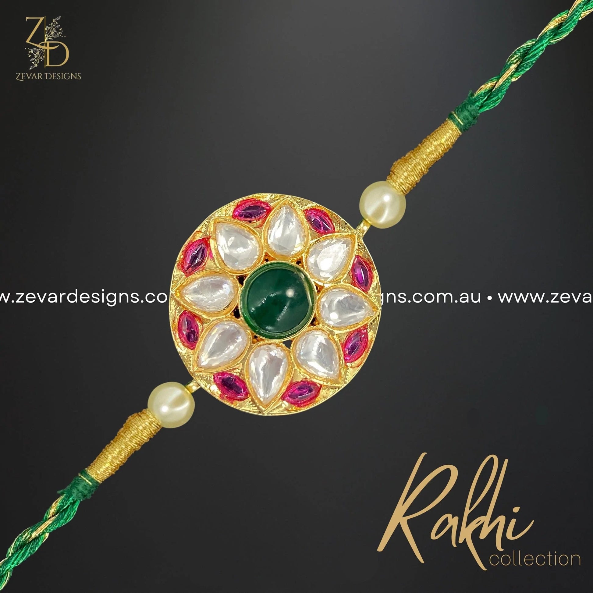 Zevar Designs Maang Tikka Kundan Rakhi with Green Thread