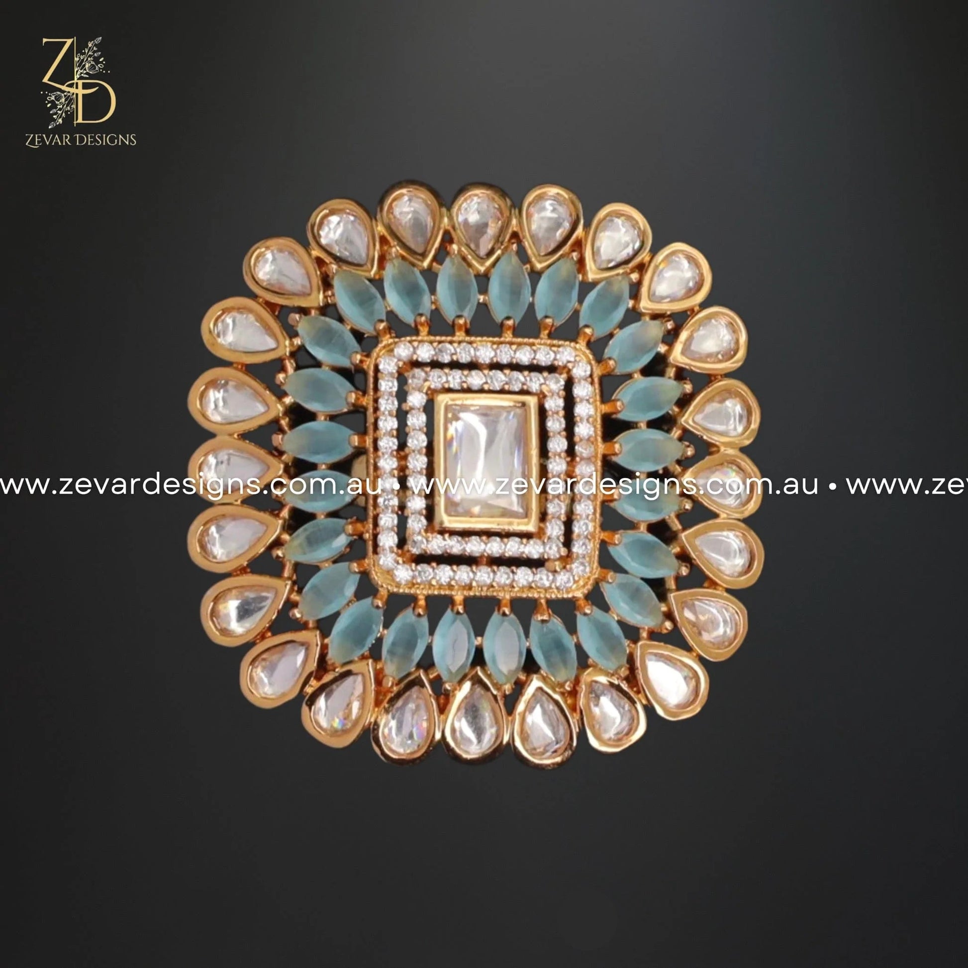 Zevar Designs Rings Kundan Ring in Aqua Blue
