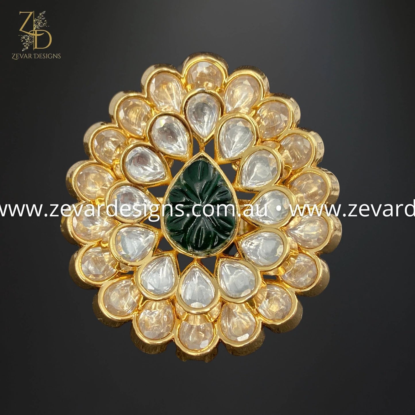 Zevar Designs Rings Kundan Ring with Carved Stone - Green