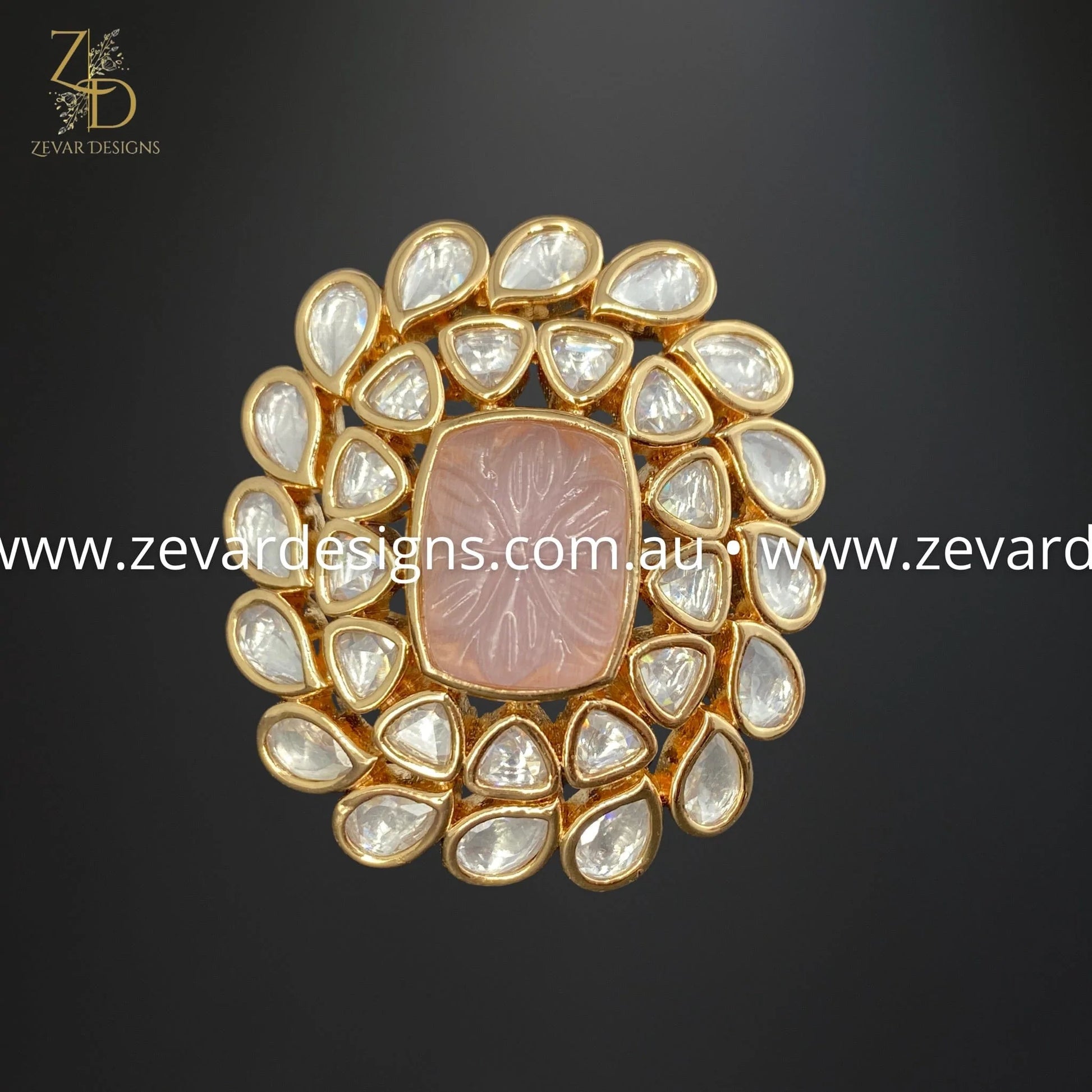 Zevar Designs Rings Kundan Ring with Carved Stone - Pink