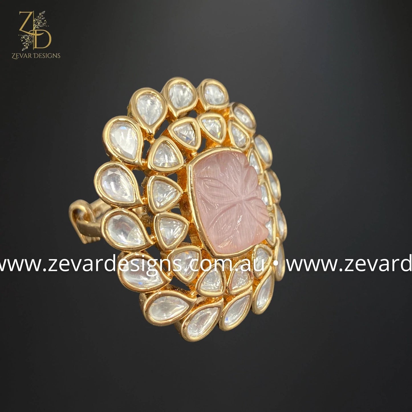 Zevar Designs Rings Kundan Ring with Carved Stone - Pink