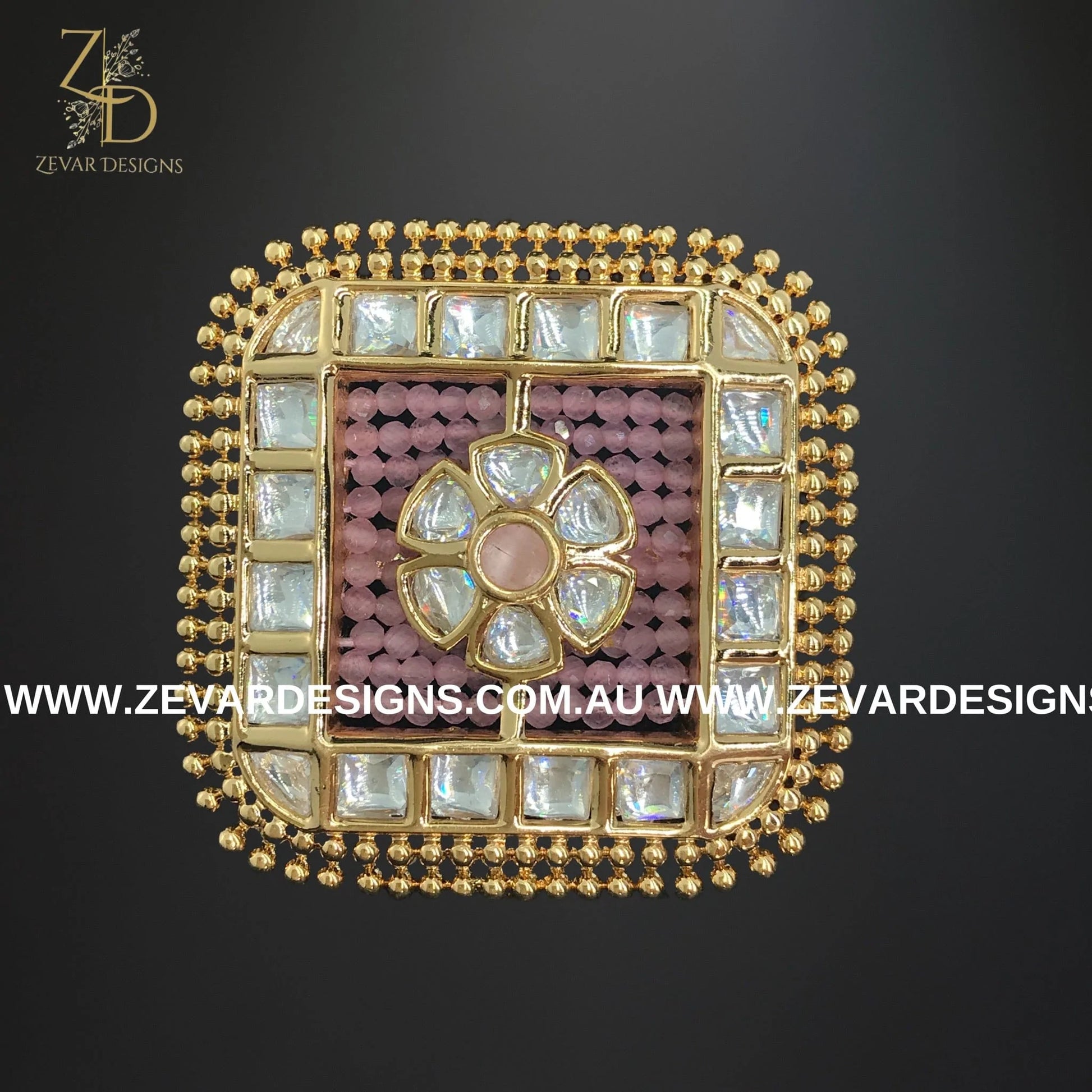 Zevar Designs Rings Kundan Square Ring in Baby Pink