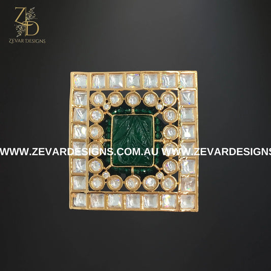 Zevar Designs Rings Kundan Square Ring with Carved Stone - Green