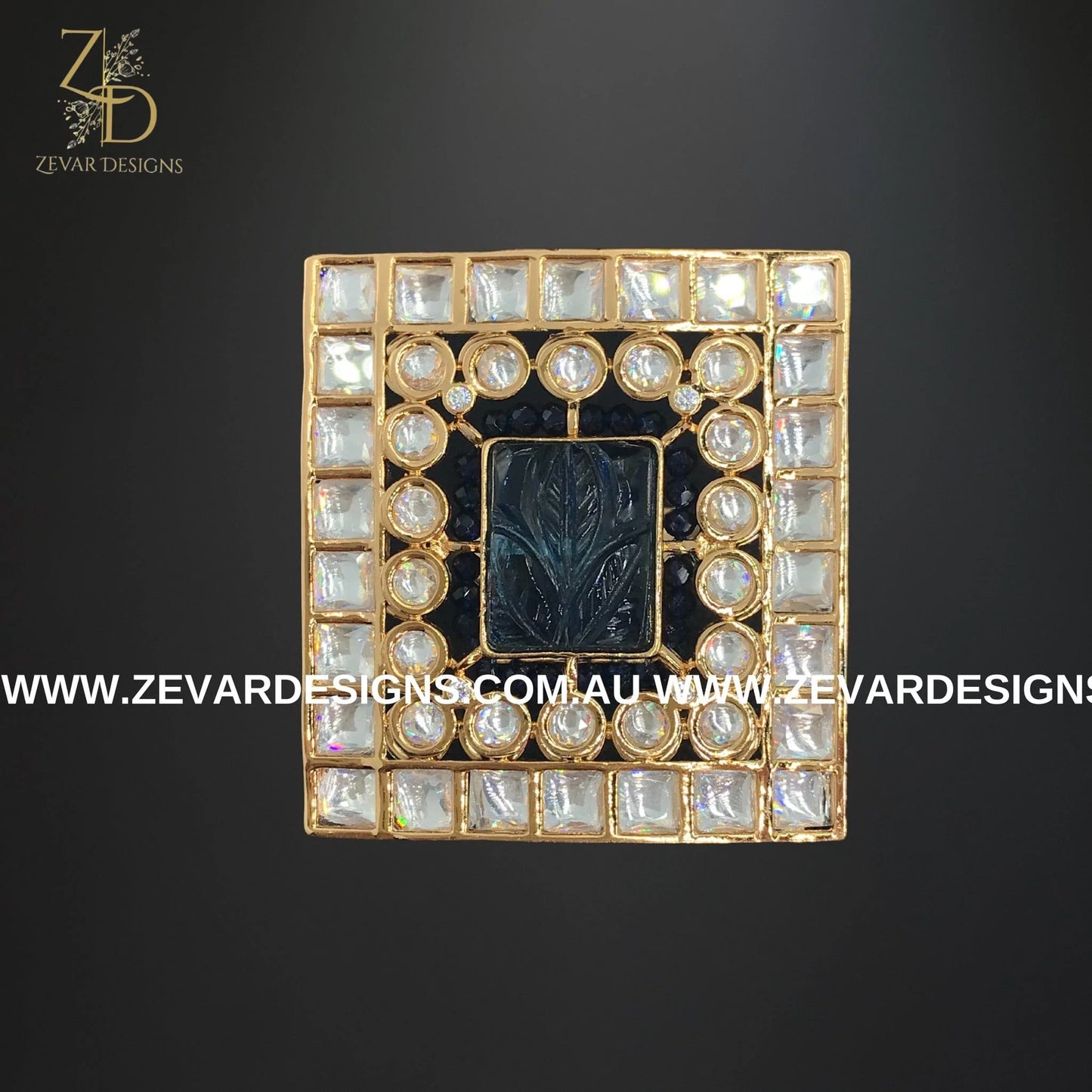 Zevar Designs Rings Kundan Square Ring with Carved Stone - Navy Blue