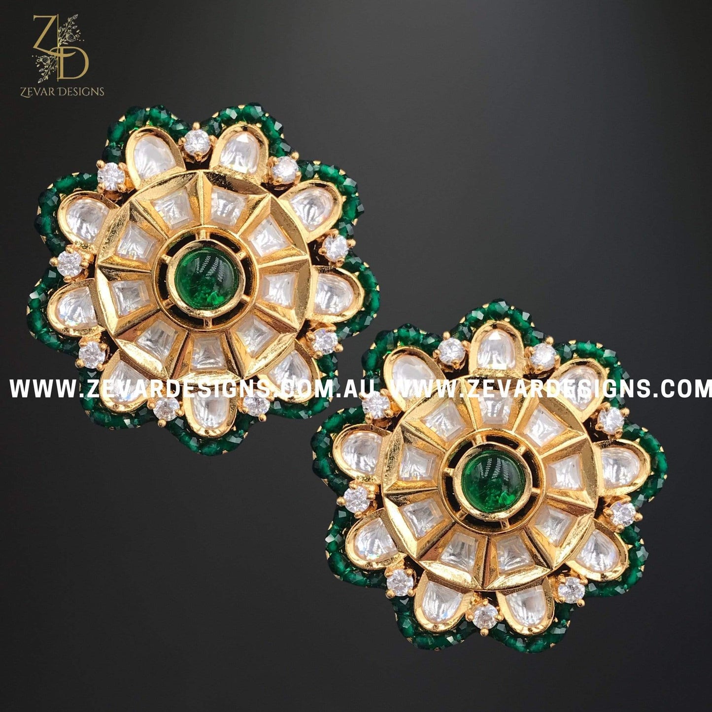 Zevar Designs Kundan Earrings Kundan Studs - Emerald Green