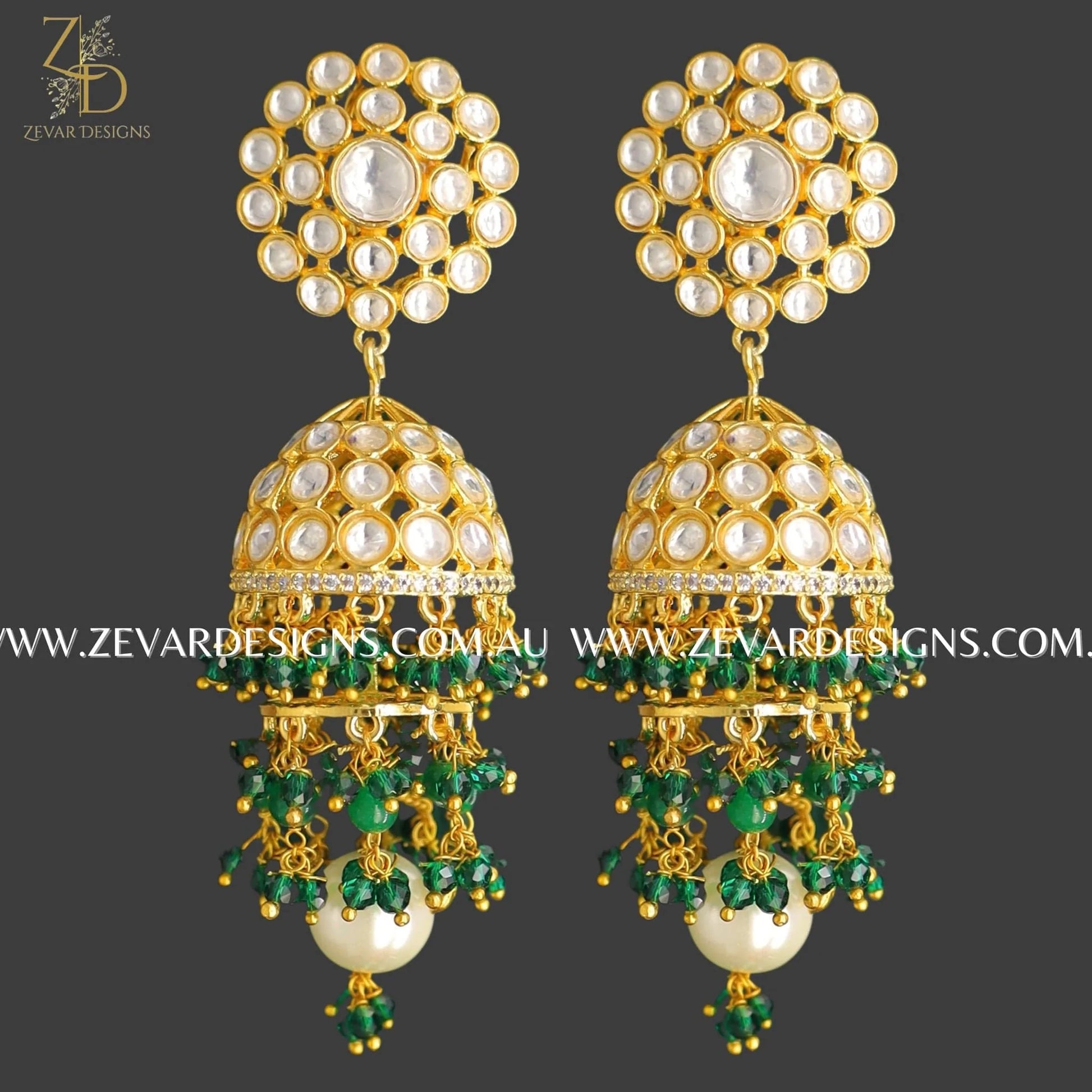 Zevar Designs Kundan Earrings Kundan Three Tiered Jhumki in Green