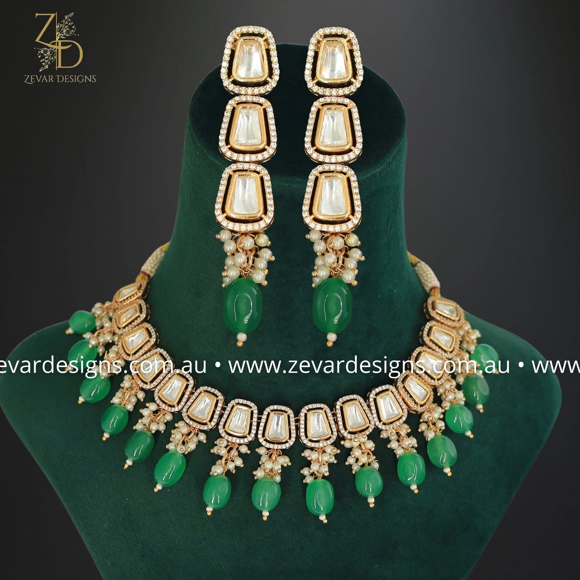 Zevar Designs Necklace Sets Kundan Uncut Polki Necklace Set - Emerald Green