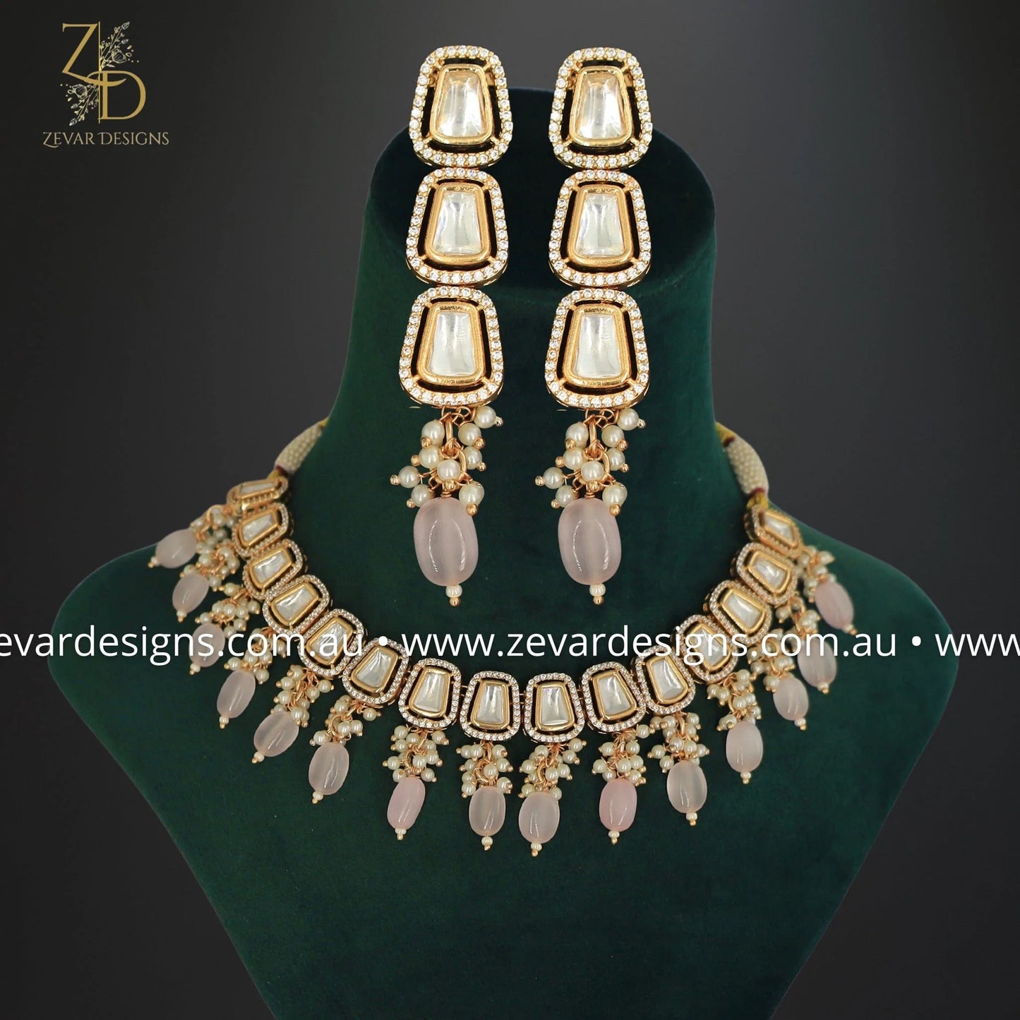 Zevar Designs Necklace Sets Kundan Uncut Polki Necklace Set - Light Pink