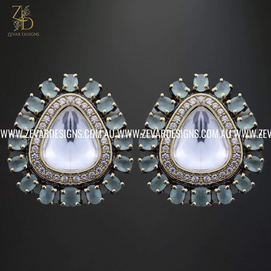 Zevar Designs Kundan Earrings Oxidised Kundan Uncut Polki Studs - Blue