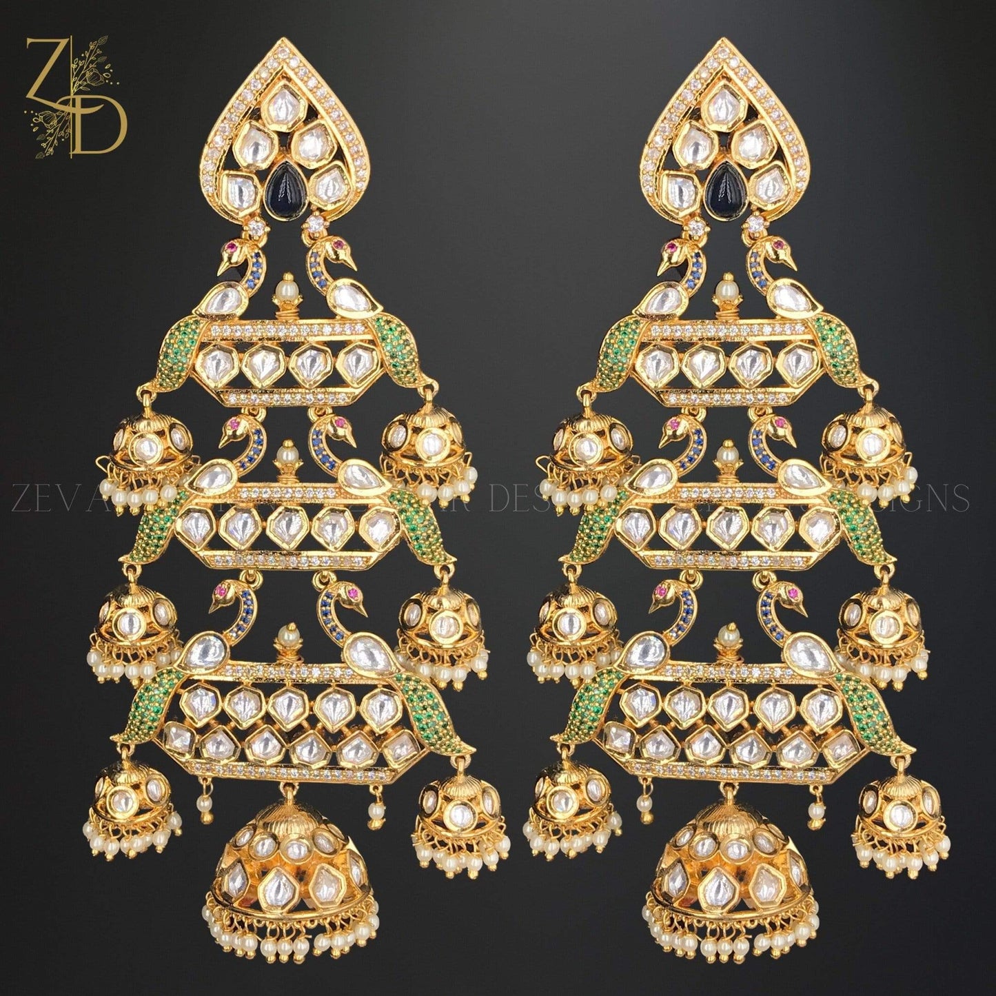 Zevar Designs Zircon Earrings Copy of Kundan Zircon Peacock Earrings - Mint Green and Gold