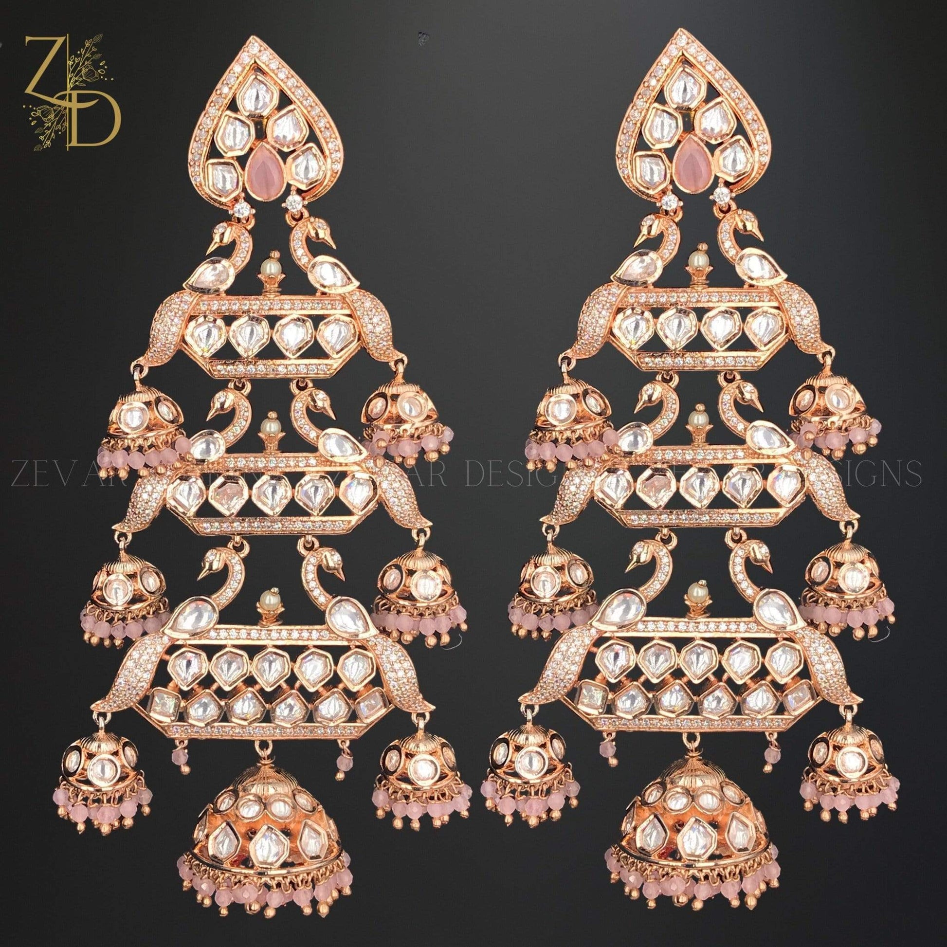 Zevar Designs Zircon Earrings Kundan Zircon Peacock Earrings Rose Gold
