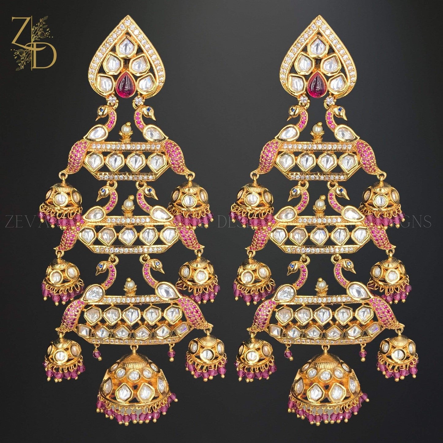 Zevar Designs Zircon Earrings Kundan Zircon Peacock Earrings - Ruby Red and Gold