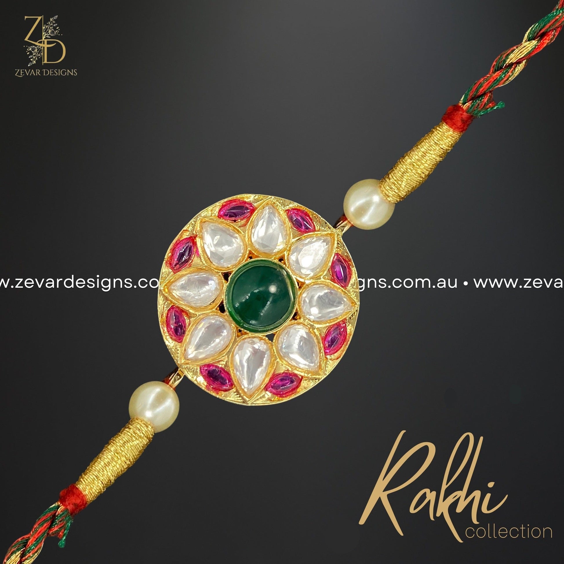 Zevar Designs Maang Tikka Kundan Rakhi with Red Thread