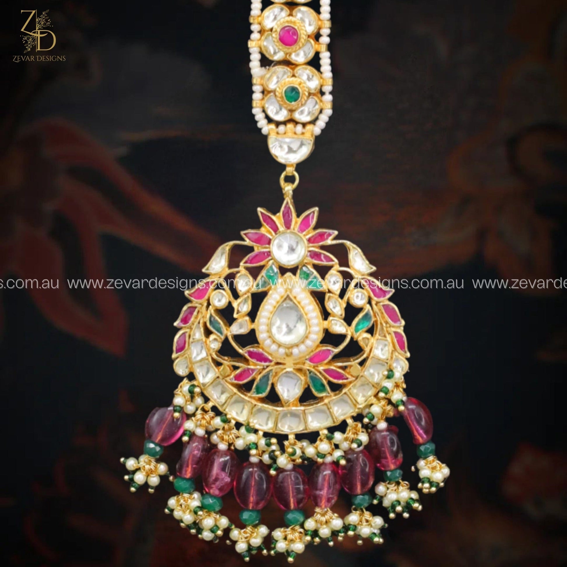 Zevar Designs Maang Tikka Set Maang Tikka Set Pachi Kundan - Wine Red Drops