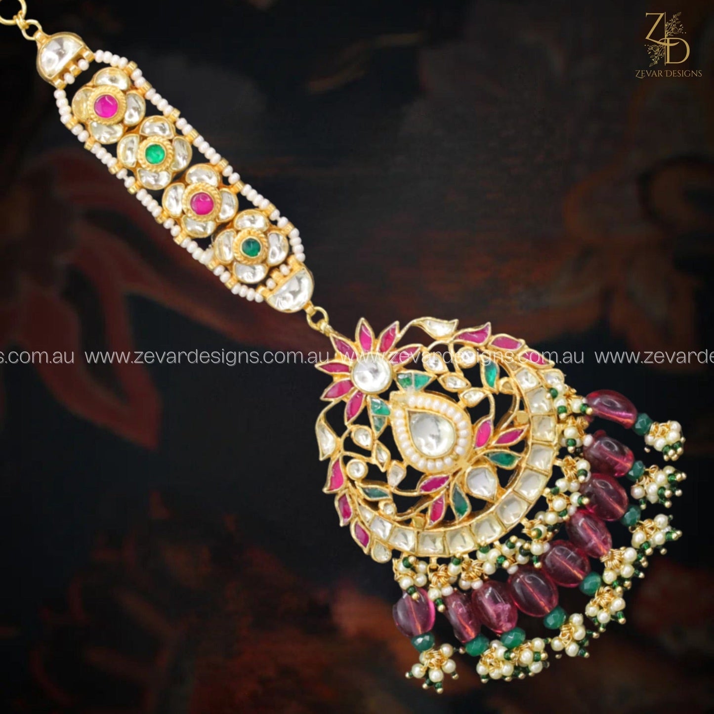 Zevar Designs Maang Tikka Set Maang Tikka Set Pachi Kundan - Wine Red Drops