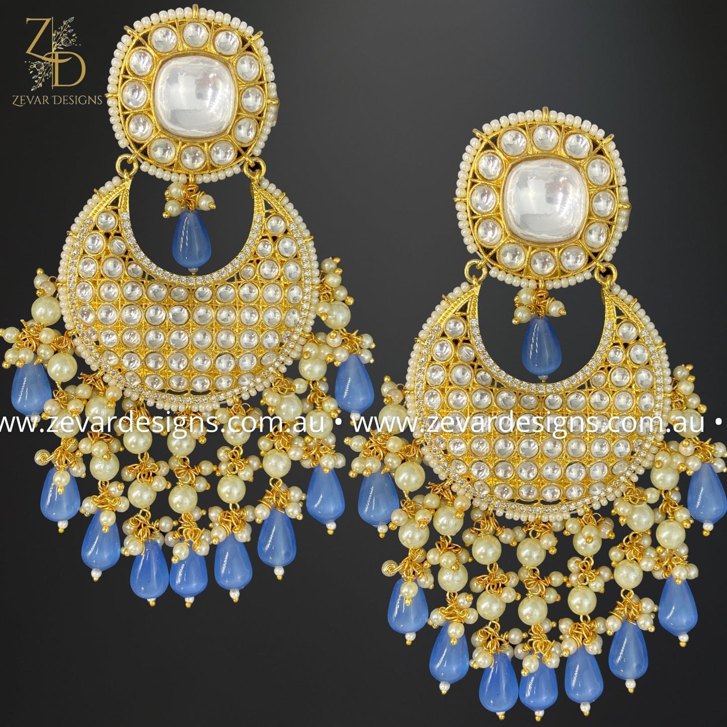 Zevar Designs Kundan Earrings Oversize Kundan Chandbali Earrings - Blue