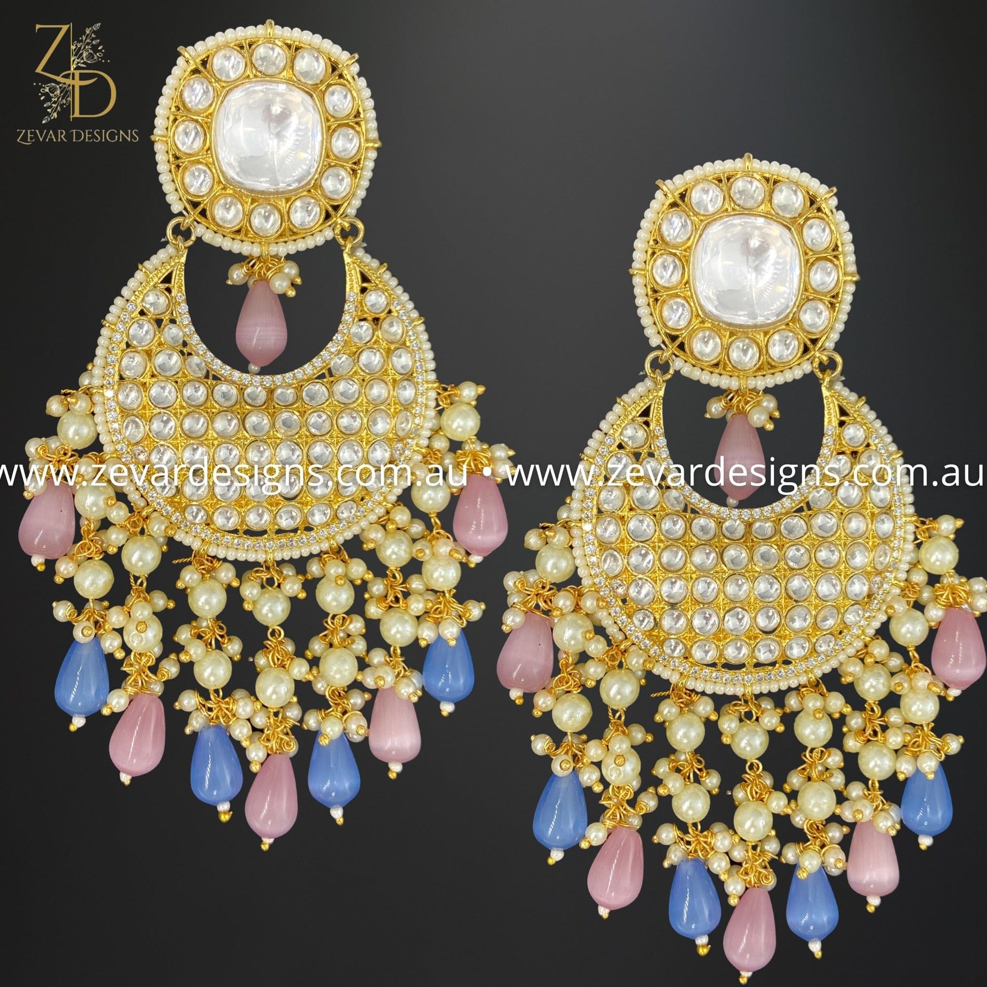 Oversize Kundan Chandbali Earrings Pink and Blue