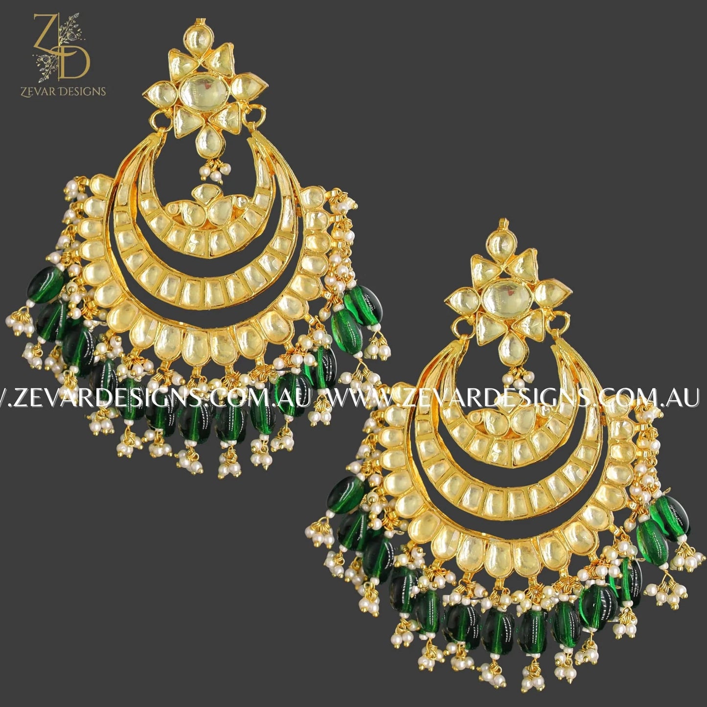 Zevar Designs Designer Earrings Oversize Pachi Kundan Chandbali - Green