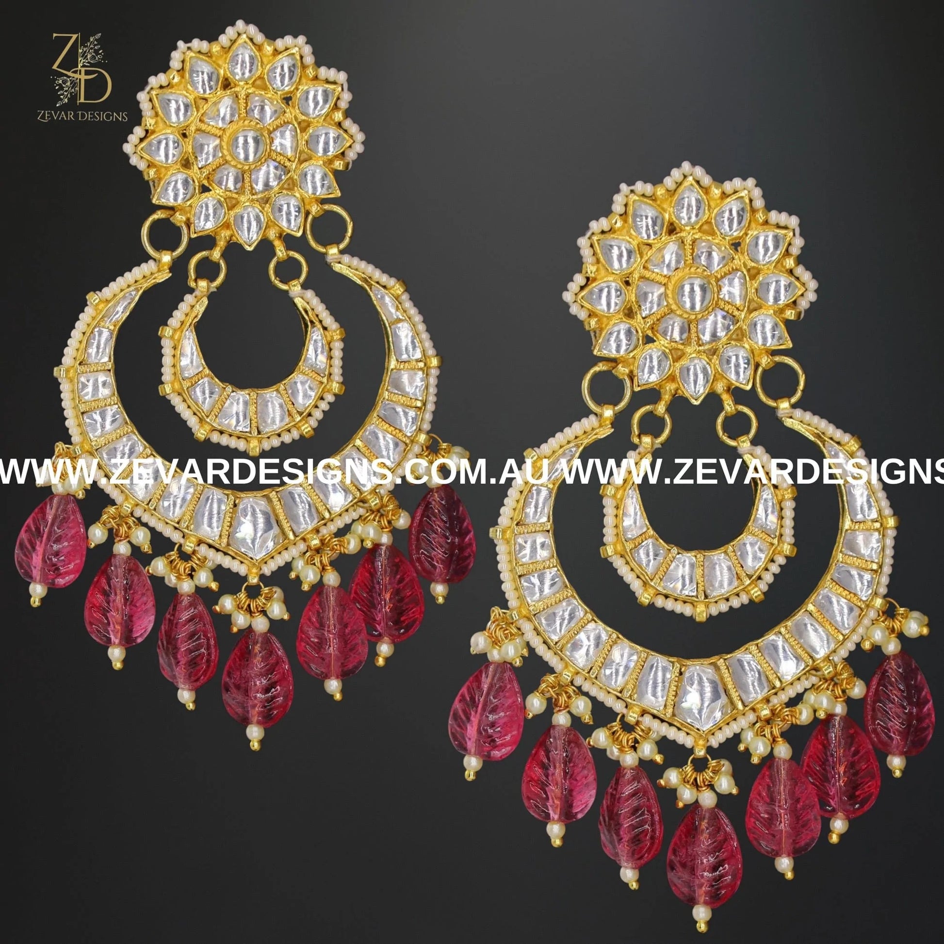 Zevar Designs Designer Earrings Pachi Kundan Chandbali Earrings - Red