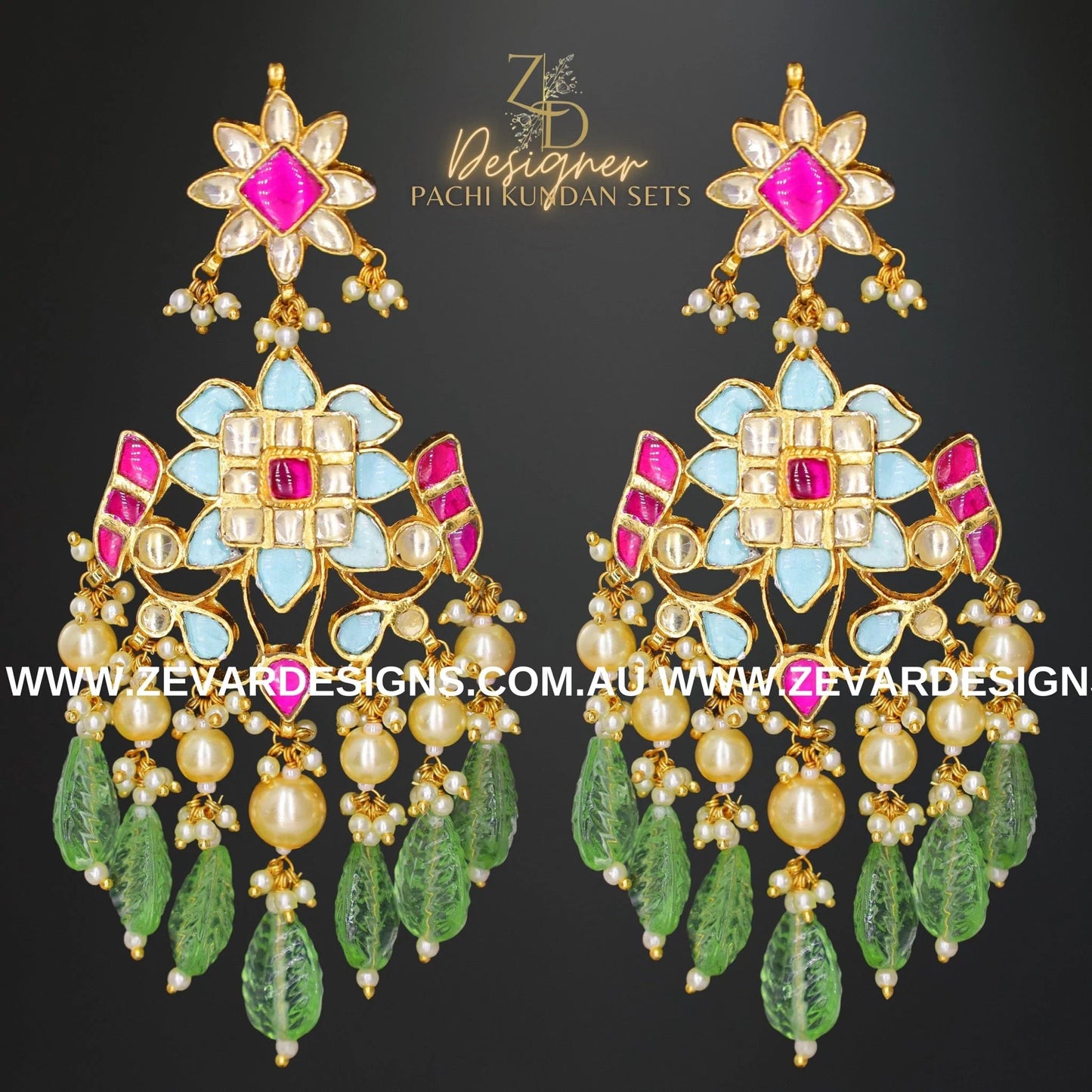 Zevar Designs Designer Necklace Sets Pachi Kundan Choker Set - Hot pink and Mint Green