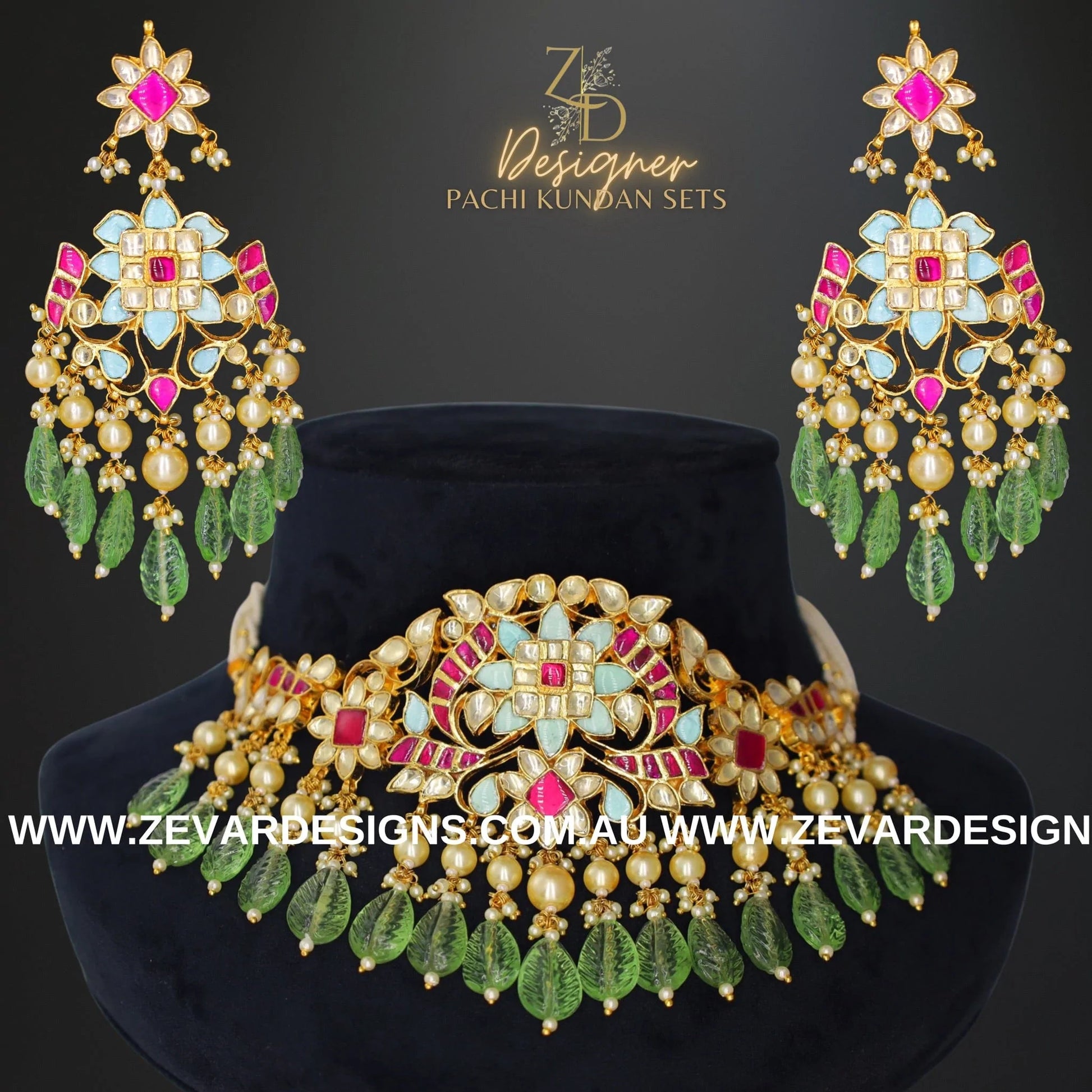 Zevar Designs Designer Necklace Sets Pachi Kundan Choker Set - Hot pink and Mint Green