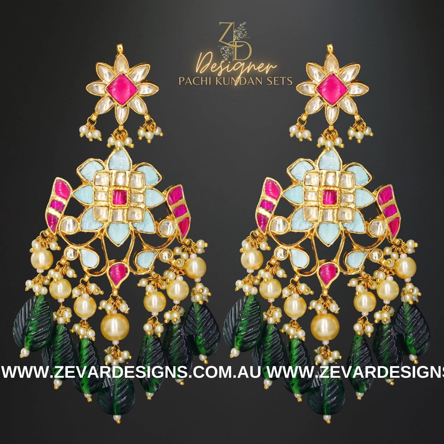 Zevar Designs Designer Necklace Sets Pachi Kundan Choker Set - Hot pink and Mint Green