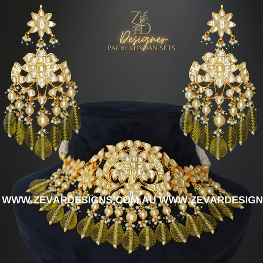 Zevar Designs Designer Necklace Sets Pachi Kundan Choker Set - Olive Green