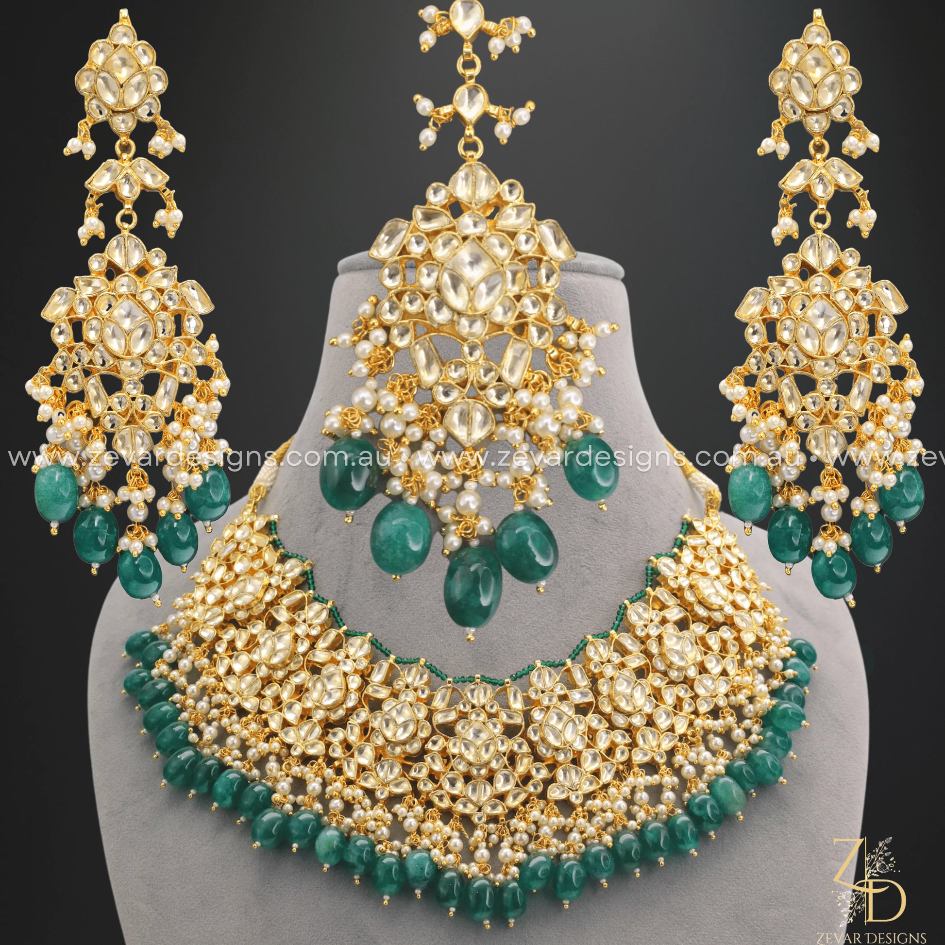Pachi Kundan Necklace Set with Tikka Green