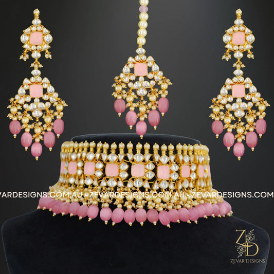 Zevar Designs Designer Necklace Sets Pachi Kundan Choker Set with Tikka - Pink