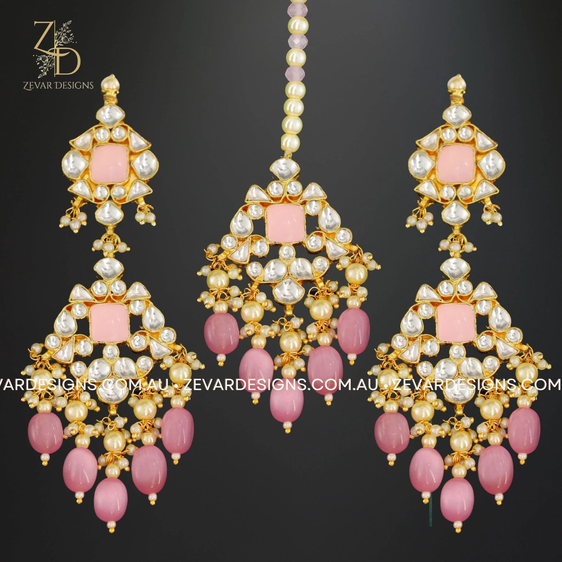 Zevar Designs Designer Necklace Sets Pachi Kundan Choker Set with Tikka - Pink