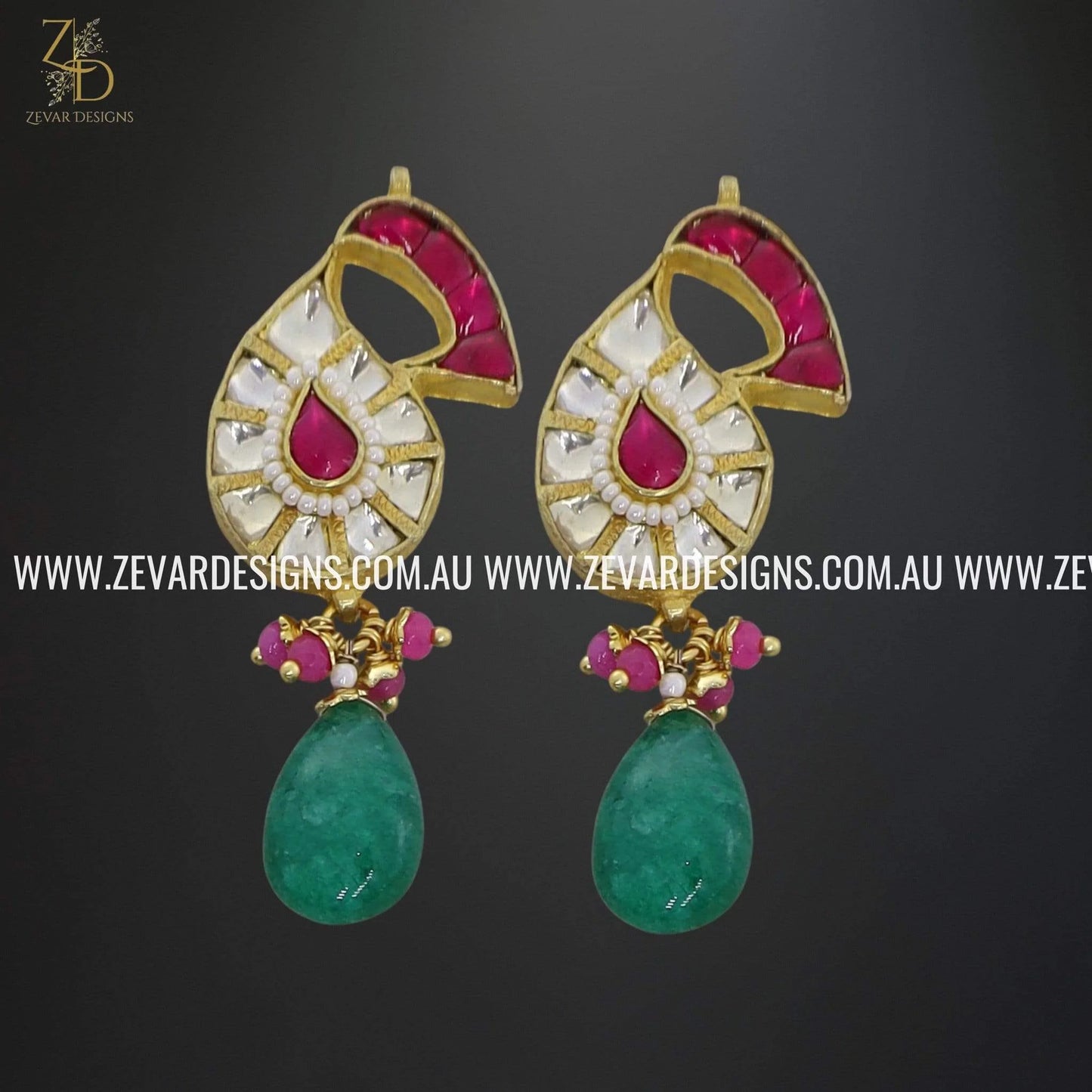 Zevar Designs Necklace Sets Pachi Kundan Earrings in Red with Green Drops