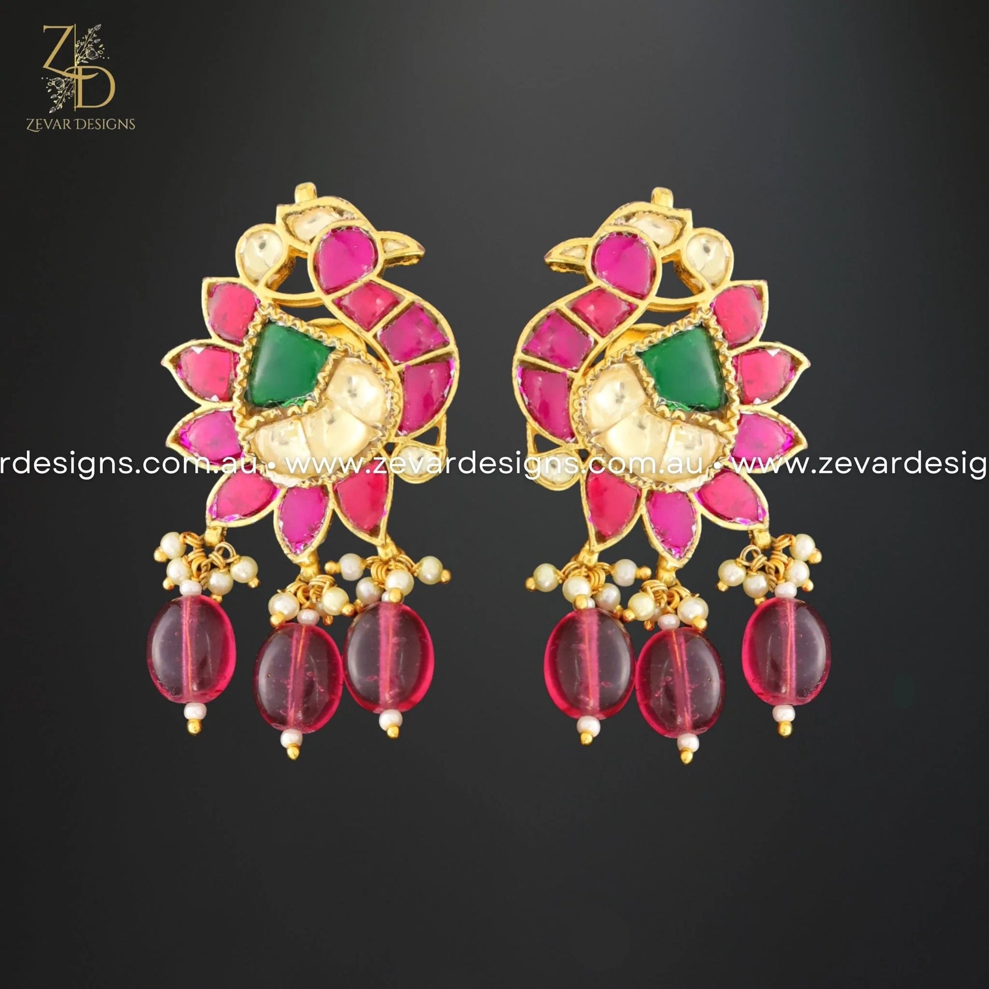 Zevar Designs Kundan Earrings Pachi Kundan Earrings Multicolour - Wine Red Drops