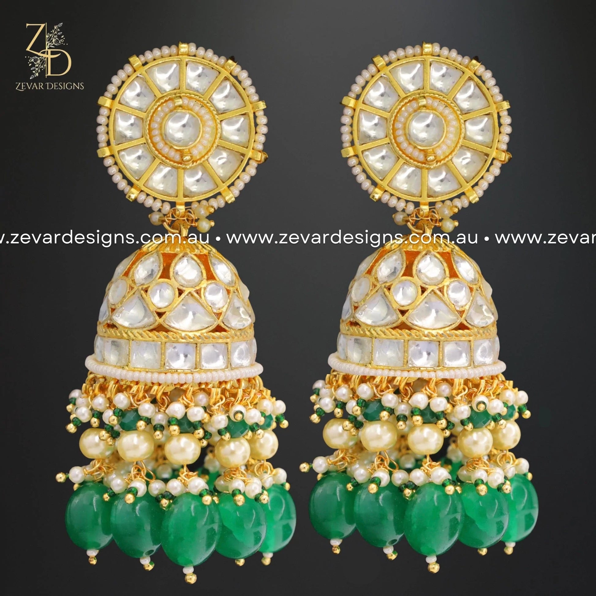 Zevar Designs Designer Earrings Pachi Kundan Jhumki - Green