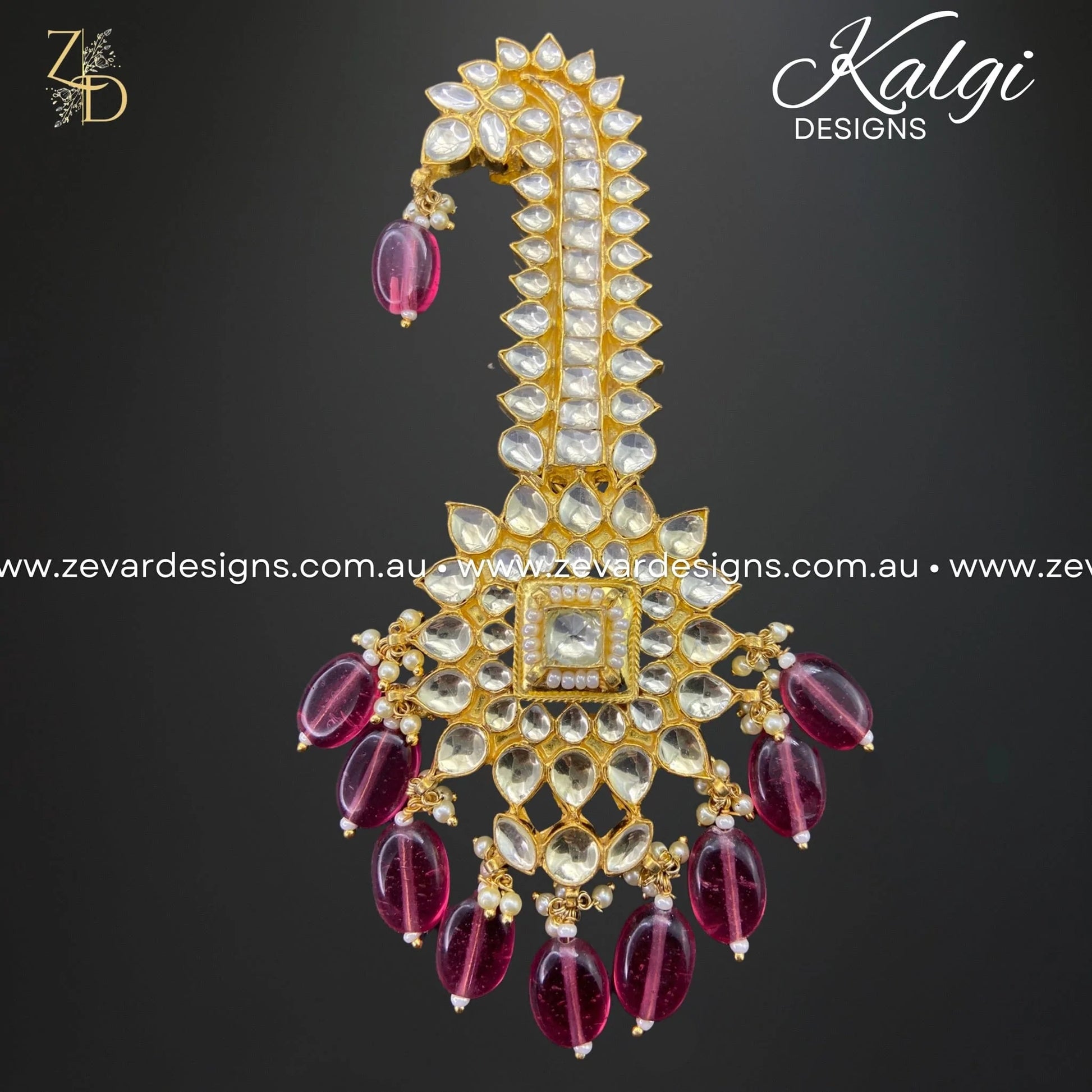 Zevar Designs Accessories Pachi Kundan Kalgi with Wine Color Drops