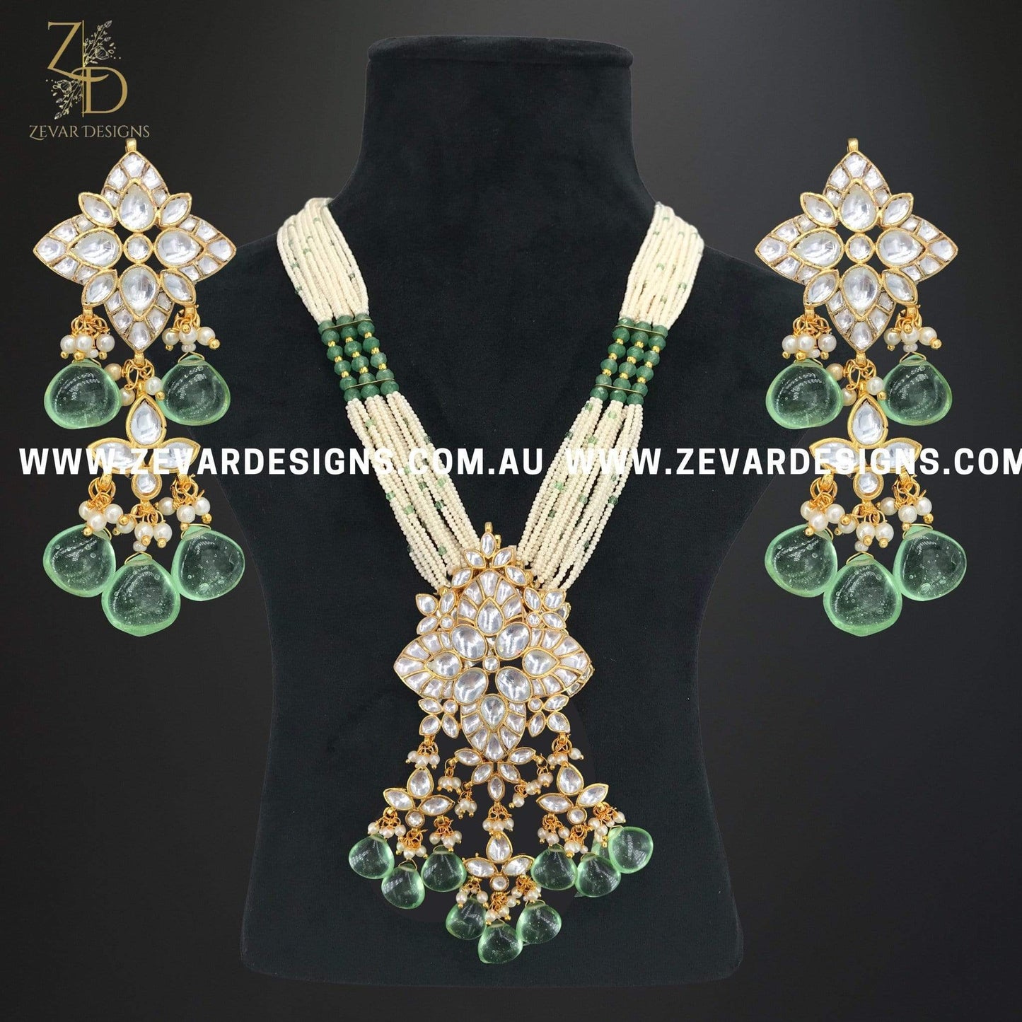 Zevar Designs Necklace Sets Pachi Kundan Long Necklace Set - Mint Green