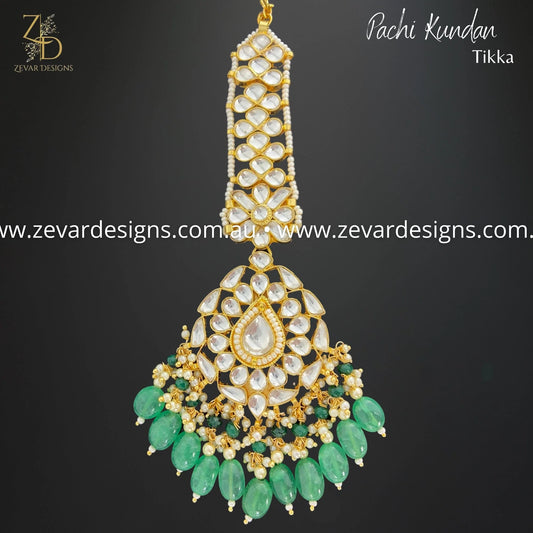 Zevar Designs Maang Tikka Pachi Kundan Maang Tikka - Green