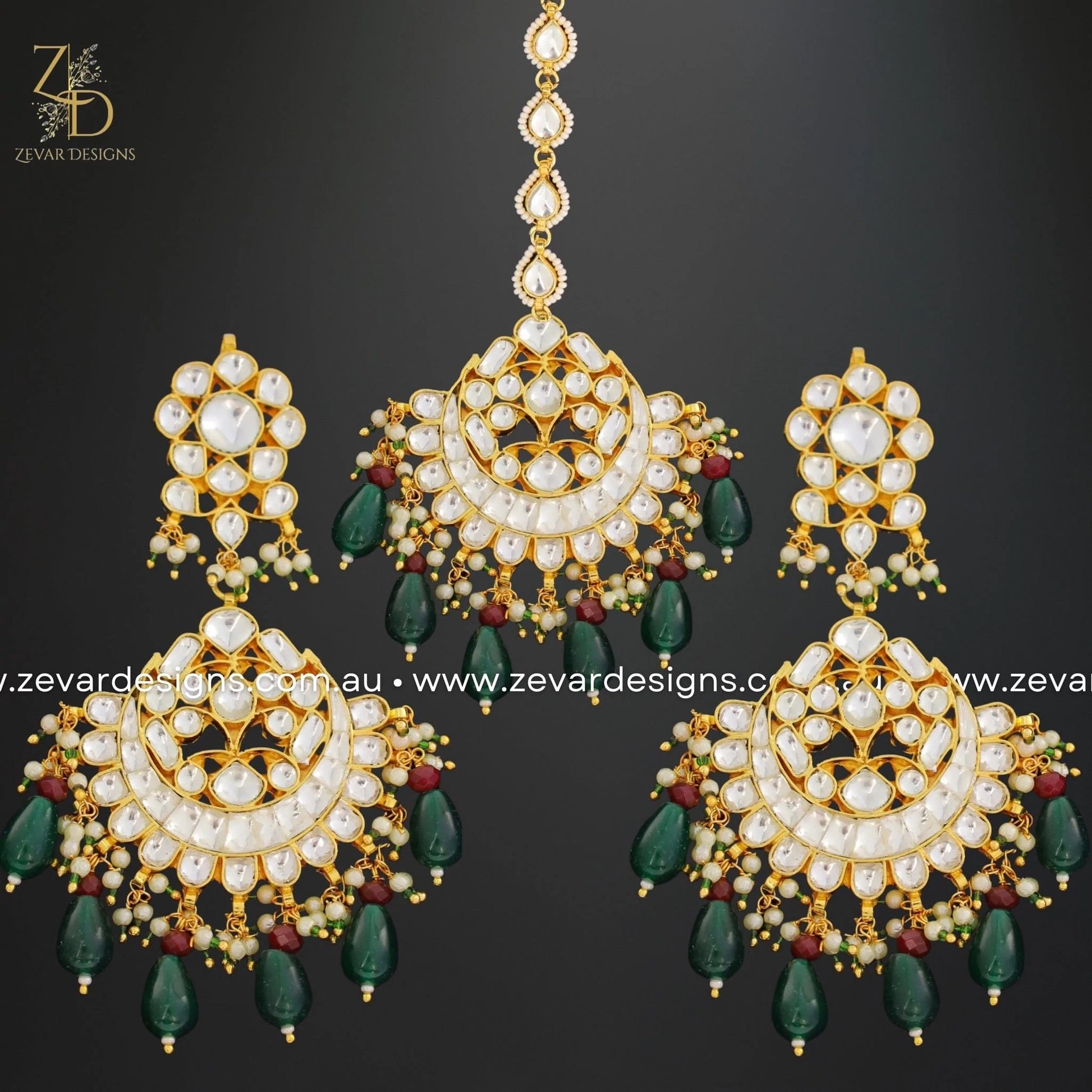 Pachi Kundan Maang Tikka Set Emerald Green