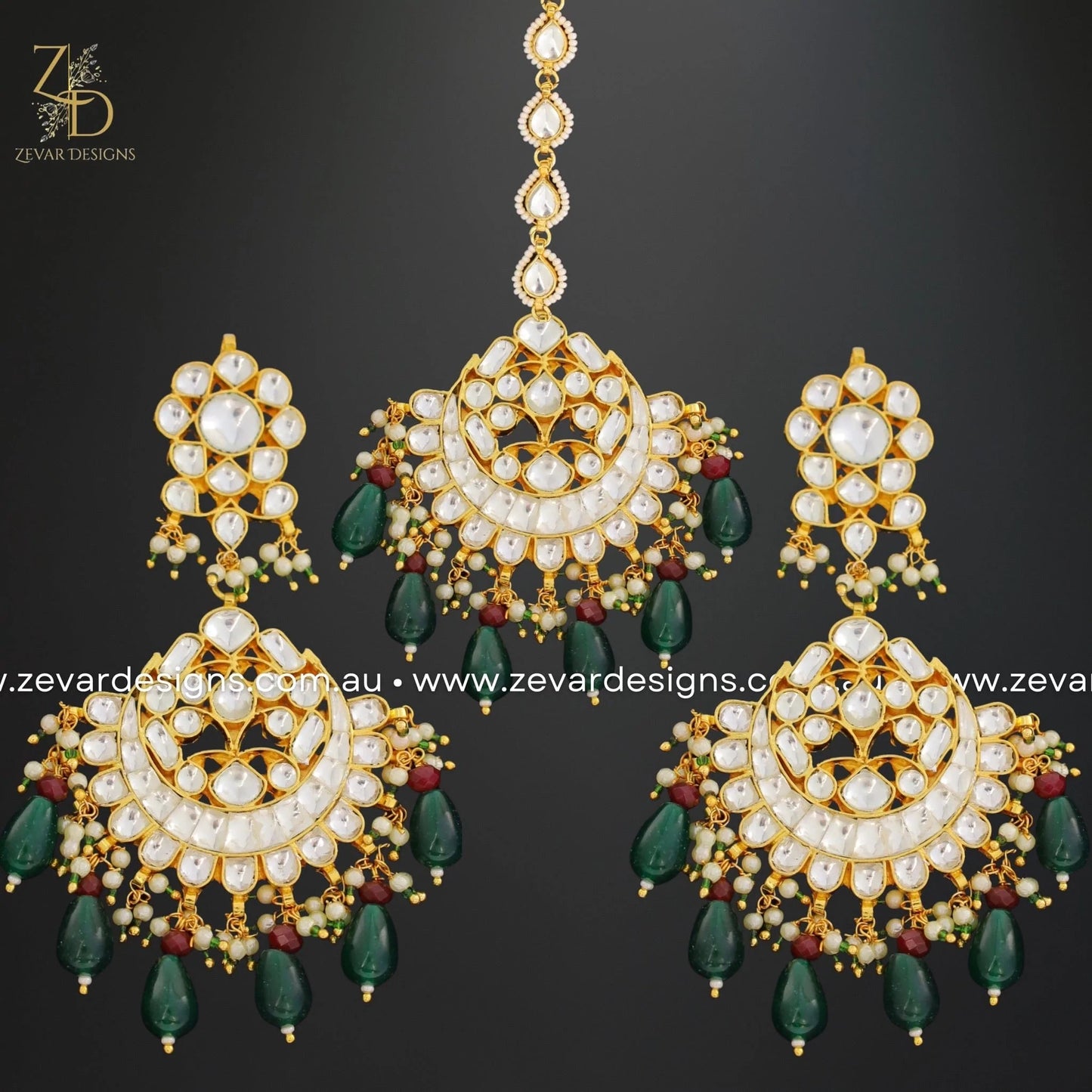 Zevar Designs Maang Tikka Set Pachi Kundan Maang Tikka Set - Emerald Green