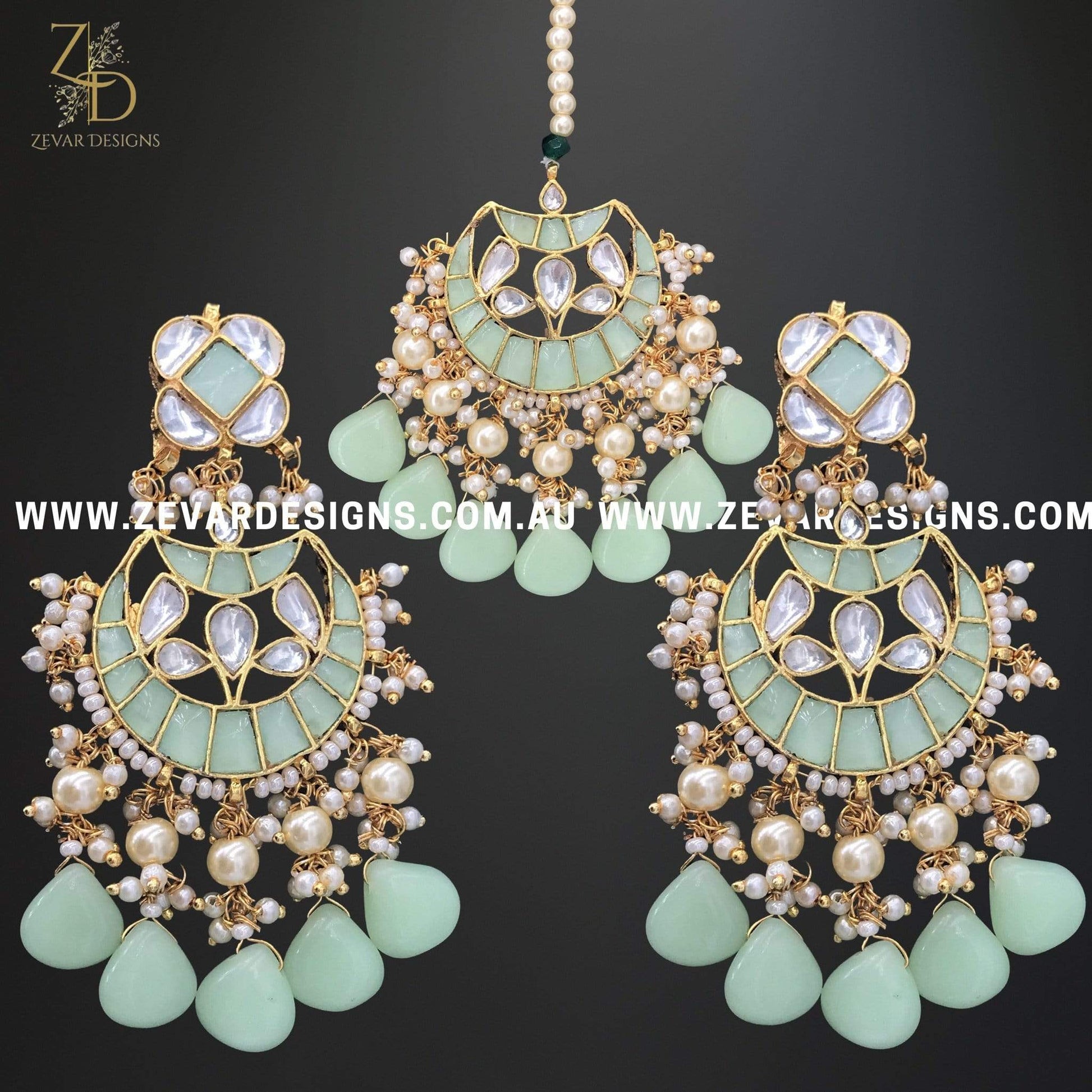 Zevar Designs Maang Tikka Set Pachi Kundan Maang Tikka Set - Mint Green