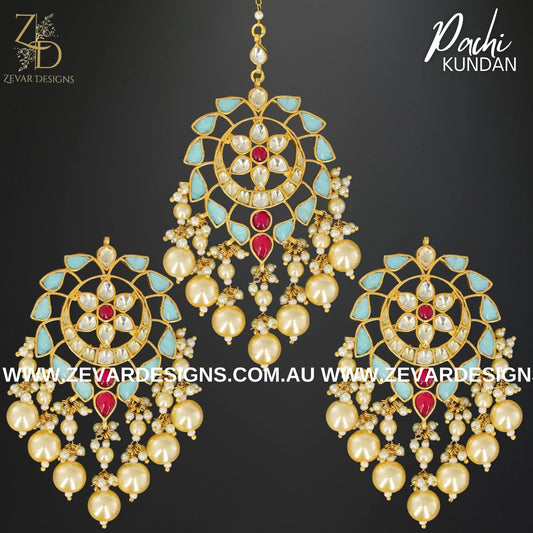 Zevar Designs Maang Tikka Set Pachi Kundan Maang Tikka Set - Multicolour