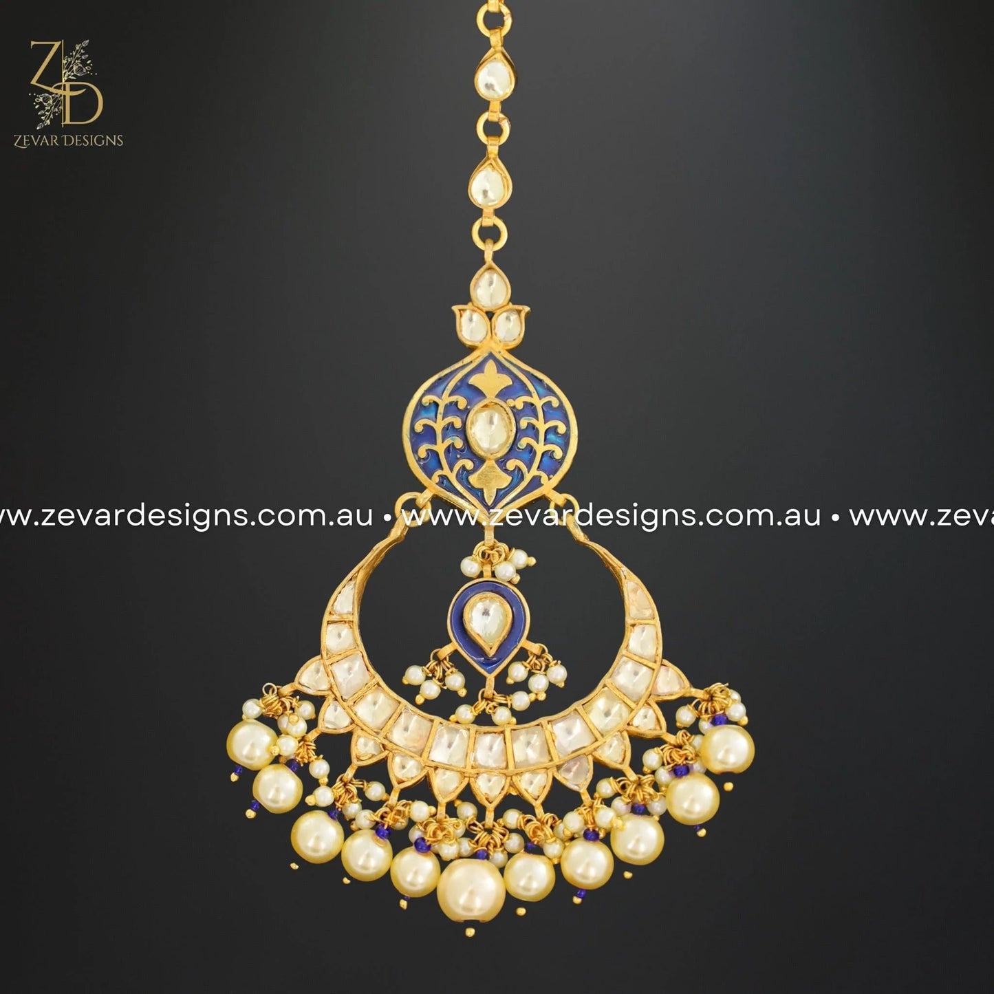 Zevar Designs Maang Tikka Set Pachi Kundan Meena Maang Tikka Set - Blue