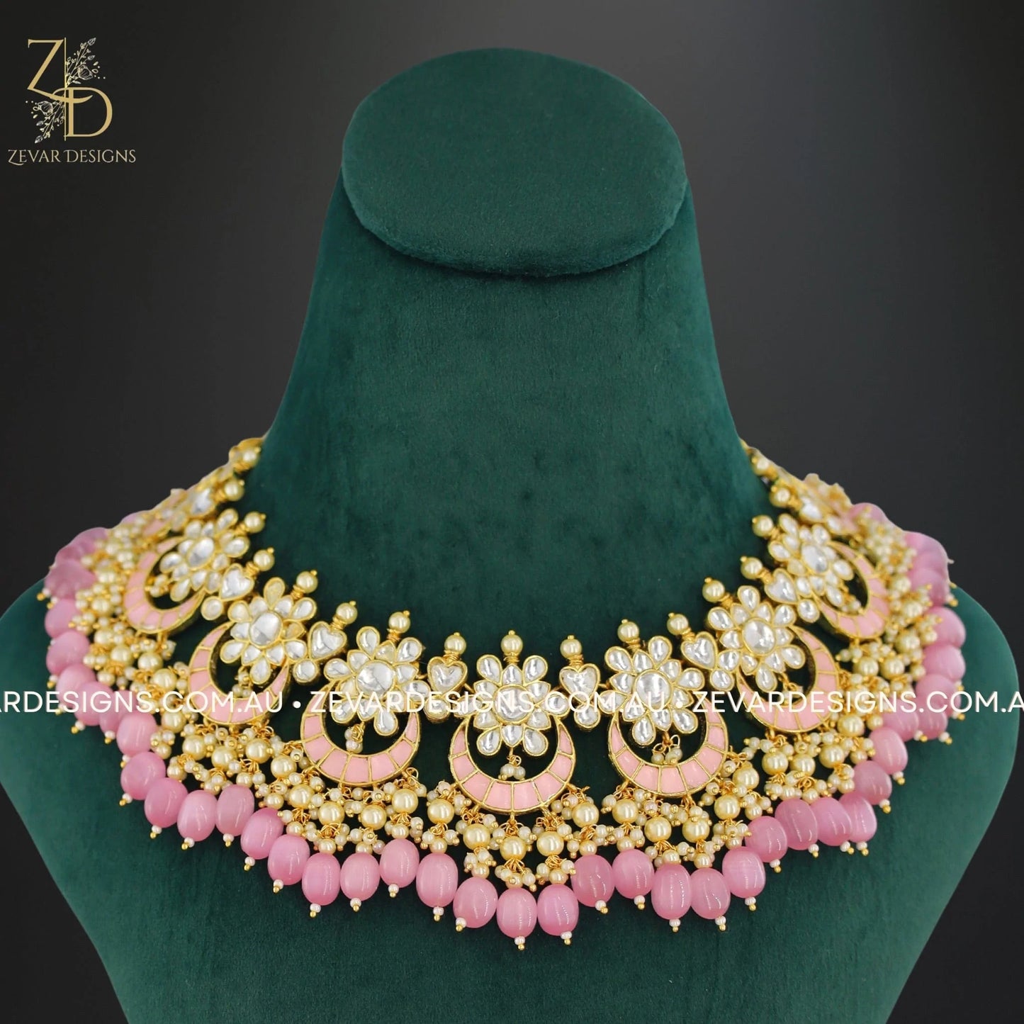 Zevar Designs Designer Necklace Sets Pachi Kundan Necklace Set with Tikka - Baby Pink Drops